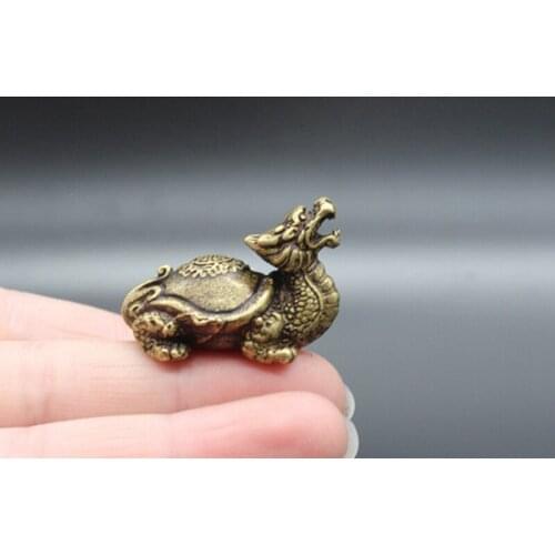 Mini) Delicate Old-style Brass Carved Ancient Chinese Mythical Beast Dragon Turtle Auspicious Statue