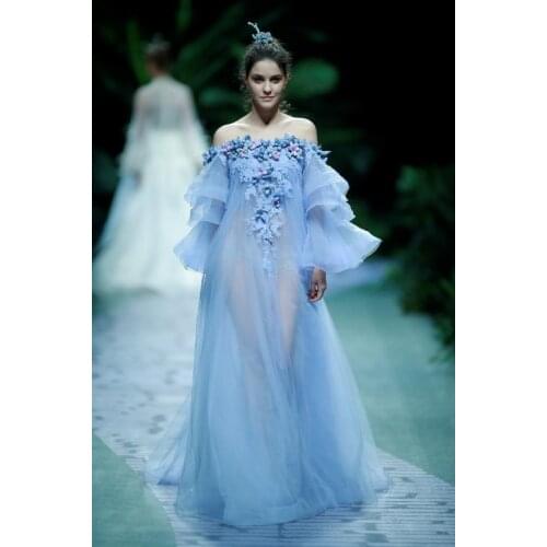 Fashion Show Sheath Illusion off shoulder blue straight Evening Dress haute couture