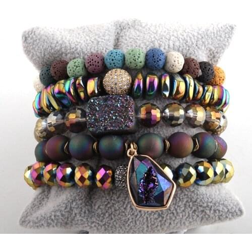 MOODPC Fashion Jewelry Beautiful Multicolor Druzy Bracelet Set Natural Stone Lava CZ Ball Bracelets