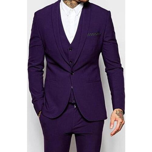 Slim fit Purple Casual Suits for Men 3 piece Groomsmen Tuxedo with Shawl Lapel Man Fashion Costume Wedding Set Jacket Vest Pants
