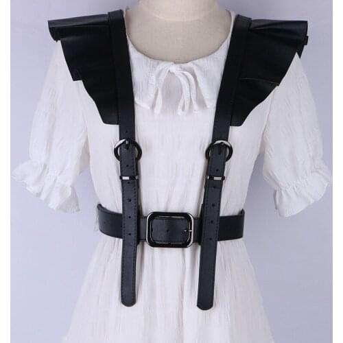 Black Pu Leather bat Shoulder belts For women lady Ruffles Split Joint Belt Fashion Tide All-match goth vest on dress shirt