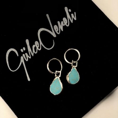 GULCE DERELI, BLUE NATURAL STONE EARRINGS, HOOP EARRINGS, CHARM EARRINGS, GIFT BOX, GOLD/SILVER PLATED