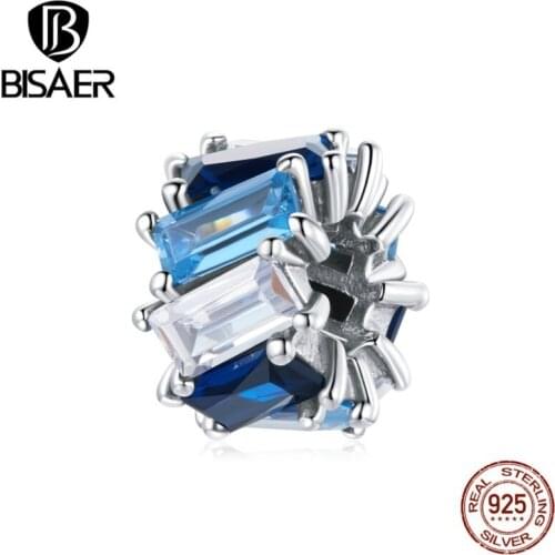 Bisaer Blue Square beads Sterling Silver 925 Charm fit Original Silver Bracelet DIY Jewelry Making Silver Jewelry ECC1806