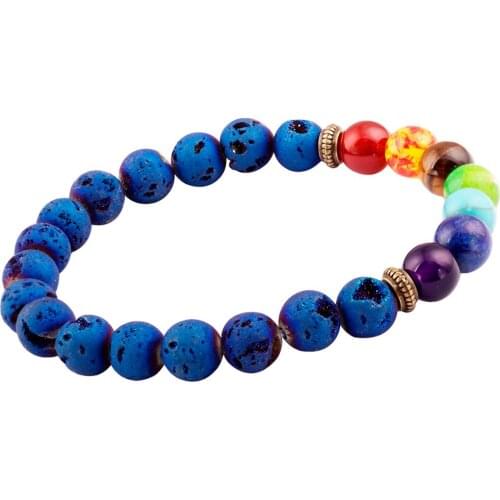 SUNYIK Blue Titanium Coated Druzy Crystal Geode 7 Chakra Healing Energy Gem Stone 8mm Beaded Bracelet