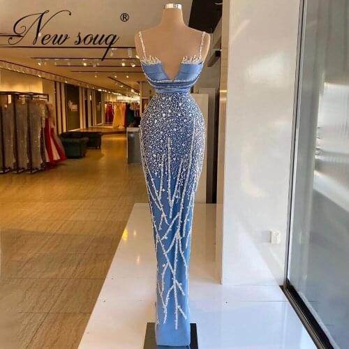 Slim Blue Beading Party Gowns Robes De Soiree Middle East Evening Dresses Plus Size Turkish Muslim Mermaid Prom Dresses Dubai