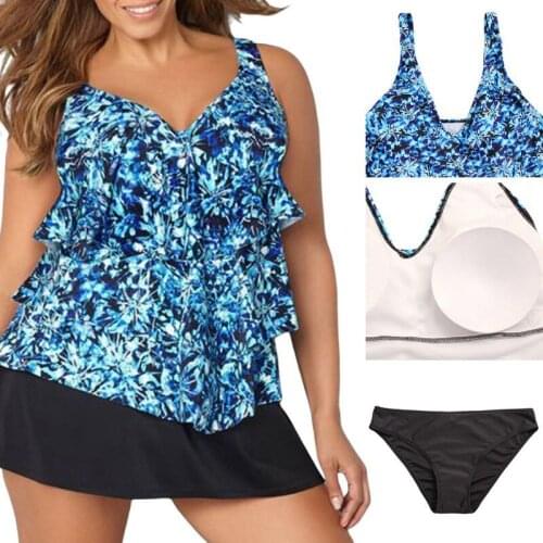 Women Oversize Three Piece Swimsuit Multi Layer Ruffle Belly Covering Outdoor Swimsuit Three Piece Half Skirt Swimsuit