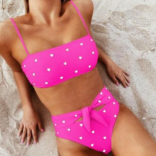 Newest Womens Spaghetti Strap Bathing Suit Love Heart Shape Spotted Print Bra+Bow Knot Hollow High Waist Shorts Swimsuit