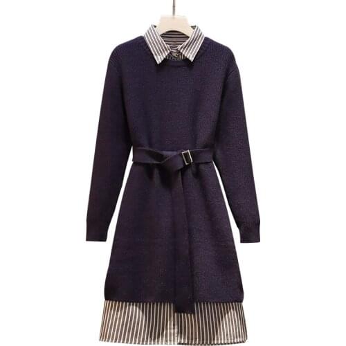 Autumn Knit Dress 2pcs Sets Women Elegant Turn-down Collar Long Sleeve Stripe Dress Lace-up Sweater Winter Suits Female Outfits