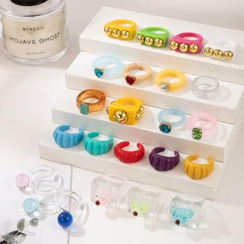 Tocona Colorful Acrylic Single Ring for Women Girls Clear Crystal Stone Resin Irregular Geometric Jewelry Accessories Anillo