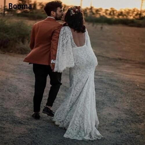 Booma Full Lace Mermaid Wedding Dresses 2020 V-neck Boho Wedding Gown Vintage Long Flare Sleeve Backless Country Dress Plus Size