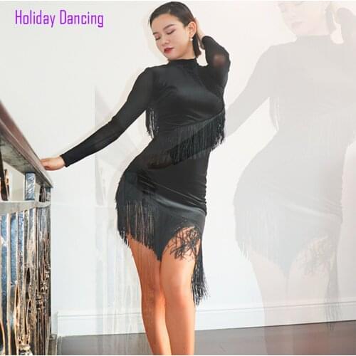 Women Latin Dance Dress Long Sleeve Fringe Tassel Dancing Practise Cloth Samba Tango Chacha Dancing Performamnce LW407