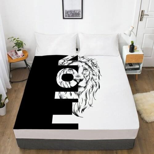 1PC Fitted Sheets Mattress Cover With Elastic Band 3D Bedsheet Linens 200x200 90x200 Bed Sheet Black and white lion