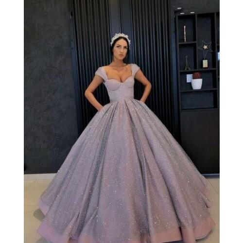 2021 Long Glittery Sweetheart Evening Dresses Princess Ball Gown Formal Evening Party Gowns with Pockets Robe De Soiree
