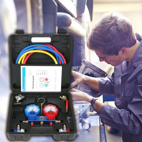 Car R410a Gauges HVAC Manifold Gauge Set for R410A R22 R134a R404A Refrigerant 3 Way Household Safety Valves 3 Hoses Adapters