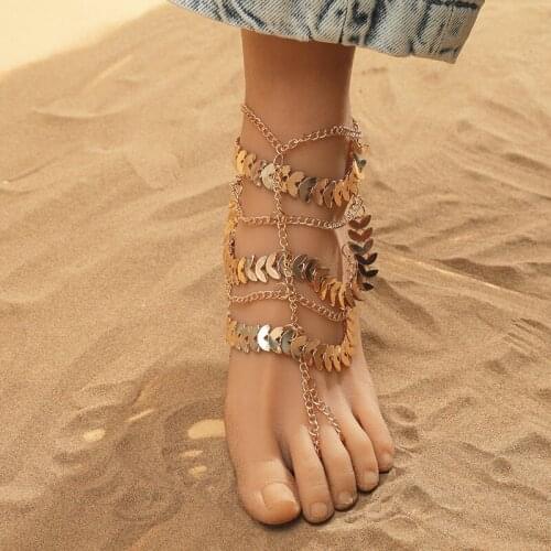 2PCS Summer Leaves Chain Anklets for Women Boho Gold Color Multilayer Tassel Beach Barefoot Sandals Ankle Bracelet Foot Jewelry