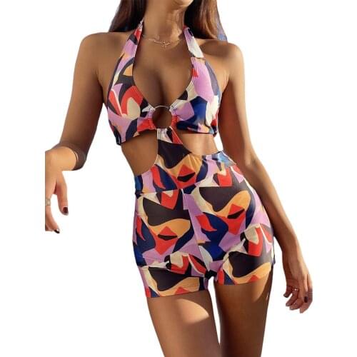 Geometric One Piece Halter Swimwear Womens Sexy Bikini Solid Color/Printing Metal Ring Slim Fit Swimsuit Beach Bathing Suit