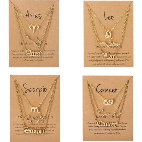 3pcs/set Elegant 12 Constellation Pendant Necklaces Gold Chain Star Zodiac Sign Choker Horoscope Letters Cardboard Birthday Gift