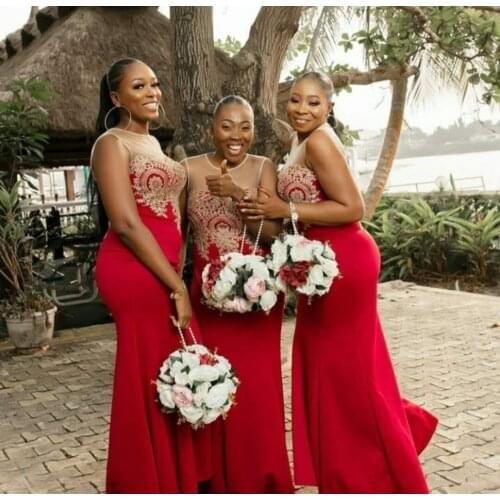 Elegant Long Satin Mermaid Red Bridesmaid Dresses Appliqued Custom Made Zipper Back Arabic Formal Wedding Party Dresses