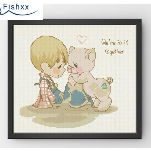 European Style Hanging Pastoral Style Cartoon Characters Fishxx Cross Stitch Kit H118 Muddy Boy And Cute Little Pig