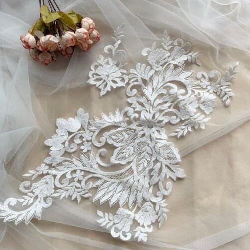 2Pcs Lace Appliques Bridal Embroidery Floral Lace Fabric Lace Fabric Applique For Wedding Dress Decoration