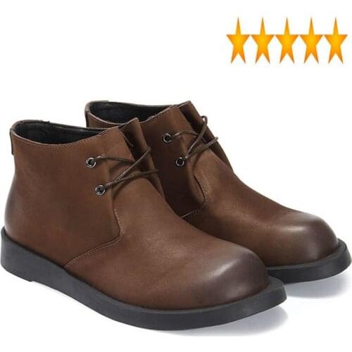 New Retro Punk Style Winter Fashion Warm Shoes Mens Genuine Leather Cow Round Toe Lace Up Ankle Male Boots Flat Fur Lining