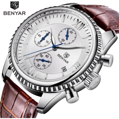 BENYAR Mens Watches Quartz Watch Sports Watch Men Chronograph Military Dial Wristwatches Mens Watches Leather Erkek Kol Saati