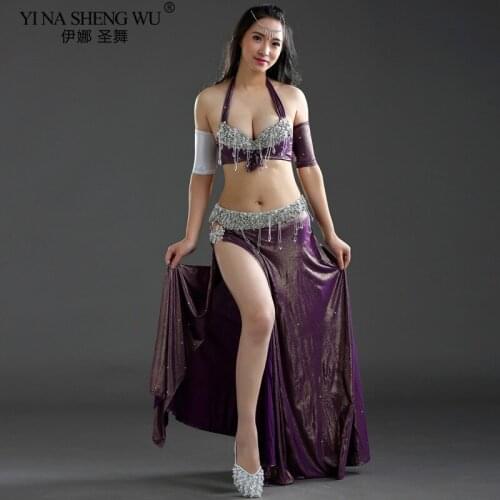 Belly Dance Costume Set Performance Suit Women Dancewear Professional 4pcs Outfit Bra Belt Skirt Split Beads Oriental Dance Set