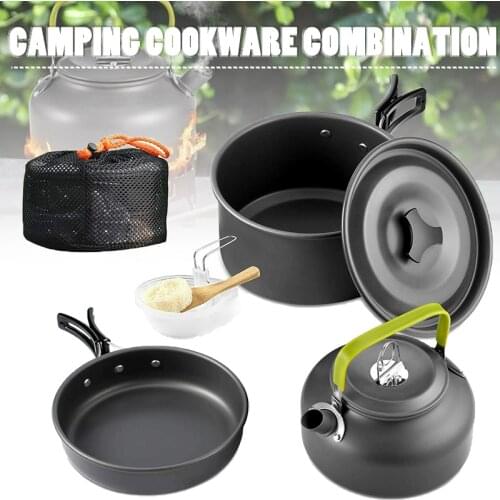 2-3 Person Portable Camping Cookware Set Outdoor Cooking Pot Frying Pan Kettle Set Aluminum Camping Hiking BBQ Travel Tableware