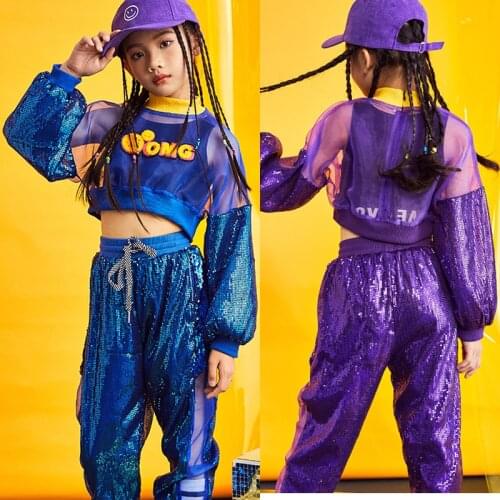 New Fashion Kids Girls Jazz Dance Hip-hop Navel Exposed Costume Sequin Cloth for Performing Stage Games Show Clothes BL1040