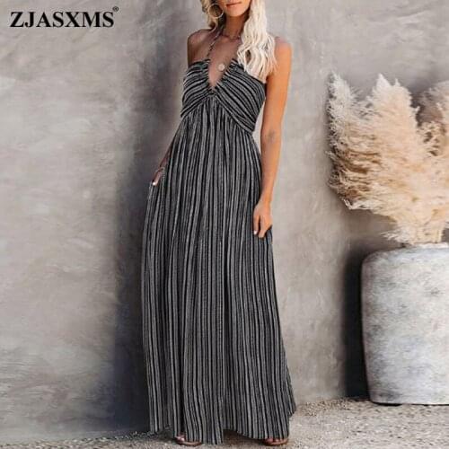 Boho Dress 2021 Summer Sexy Halter Backless Adjust Straps Maxi Party Dress Women Spring Striped Print Pockets Long Beach Dresses