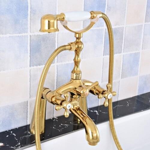 Luxury Gold Color Brass Deck Mounted Bathroom Tub Faucet Dual Handles Telephone Style Hand Shower Clawfoot Tub Filler atf777