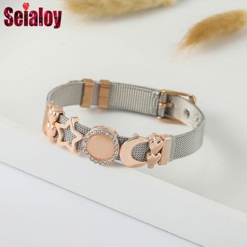 Seialoy Two-Tone Stainless Steel Mesh Bracelets For Women Men Rose Gold Stars Moon Sun Beads Belt Bangle Boys Girls Jewelry