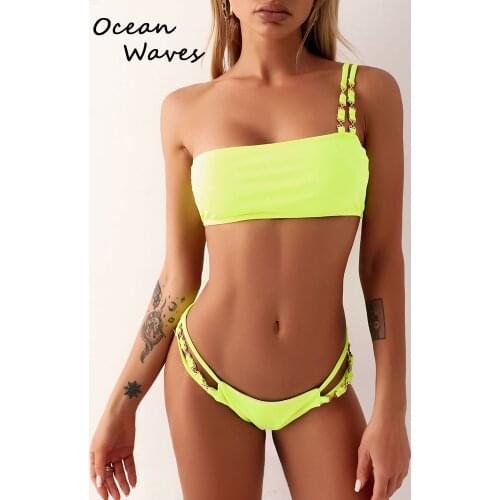 2021 Sexy Neon Green Bikinis Set Mujer Black One Shoulder Swimsuit Push Up Swimwear Women Solid Bandeau Bathing Suit Beachwear