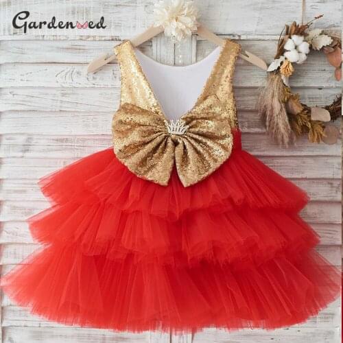 Vintage Glod Glitter First Communion Dress Tulle Layers Skirt Kids Flower Girl Dresses Back Glitter Bow Little Bride Dresses
