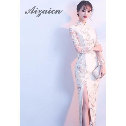 High Split Qipao Long Chinese Traditional Wedding Dress Lace Modern Cheongsam Oriental Dresses Summer Women Sexy Flowers