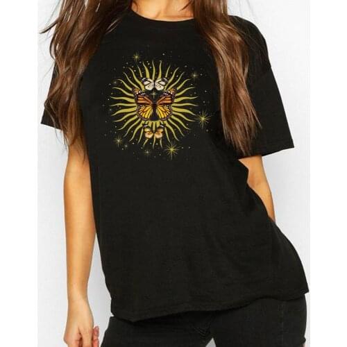 Sun Stars Butterfly Vintage Tshirt Women Harajuku Aesthetic Streetwear T-Shirts Hipsters Boho Style Graphic Tee Celestial Shirt