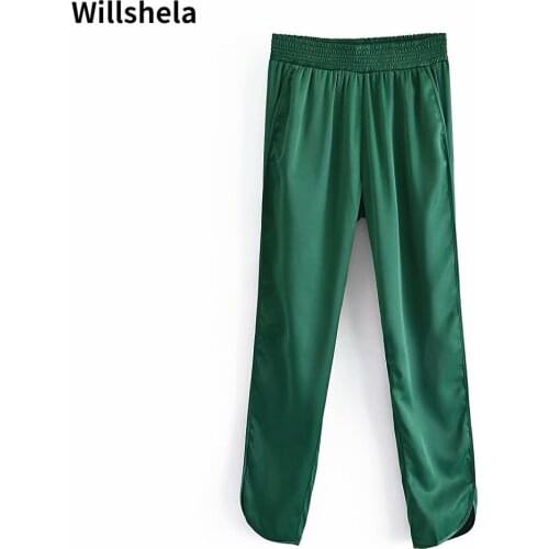 Willshela Women Fashion Split Solid Pants Vintage Hight-waist Elastic Waist Casual Female Trousers Chic Lady Pants