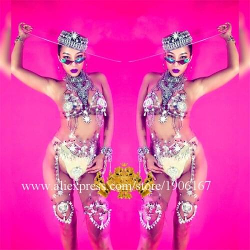 Nightclub Female Rhinestone Crystal Stage Performance Costume Singer Dancer Sexy Lady Party Event Evening Dress Halloweeen Suit
