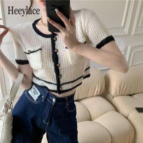 Sweater Women Korean Summer 2021 New Short Sleeve O-Neck Color Contrast Single Breasted Elegant Fashion Female Knitted Cardigan