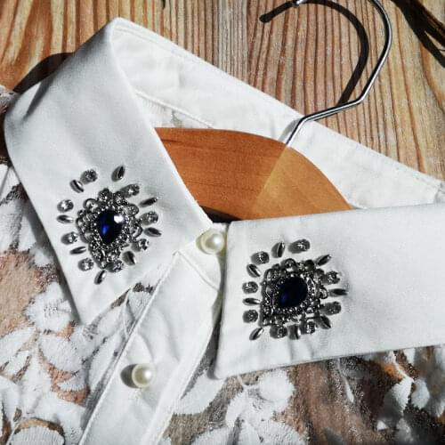 Tunika Women False Collar Detachable Rhinestones Retro Vintage Flowers Faux Col Chemisie Lapel Cravats Necktie