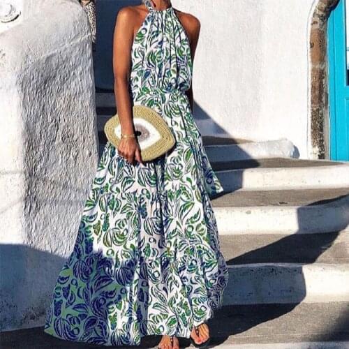 2021 New Boho Party Dress Vintage Pattern Print Casual Long Dress Sexy Halter Sleeveless Lady Fashion Elegant Beach Maxi Dress
