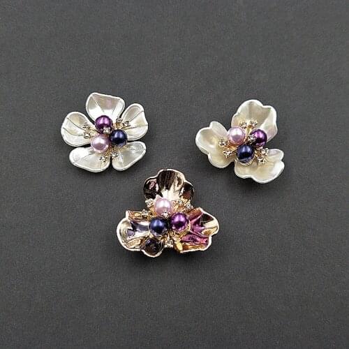 10 PCS Shining Rhinestone Pearl Alloy Button Fashion Imitation Shell Flower Metal Buckle DIY Wedding Party Decoration Photo Prop