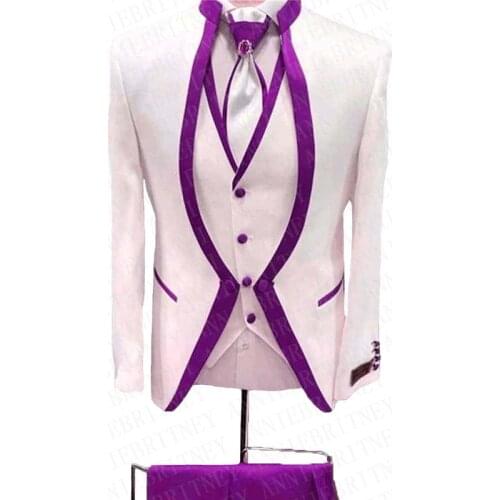 2020 White Floral Blue Rim Stage Clothing For Men Suit 3 Pieces Mens Wedding Suits Costume Groom Tuxedo Formal