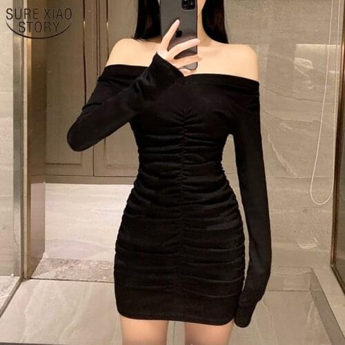 2021 Spring Sexy V Collar Wrinkle Fold Thin Womens Dress Long Sleeve Solid Sexy Dress Women High Waist Mini Dress 12147