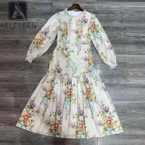 AELESEEN 2021 Women Autumn Dress Runway Fashion Designer Full Lantern Sleeve 3D Appliques Flower Print Long Party Dress