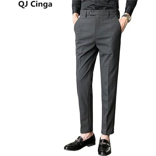 Small Stretch Gray Grid Pants Men Fashion Casual Trousers High Quality Size 28-36 Autumn Pantalones Hombre