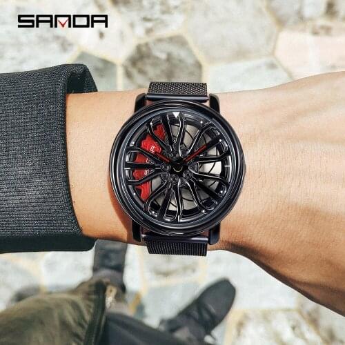SANDA Fashion Mesh Band Brand Mens Quartz Watch 360 Rotating Wheel Dial Clock Stainless Steel Waterproof Sports Watch Relogio