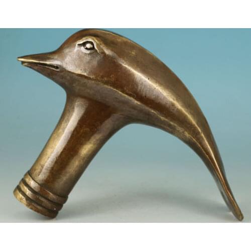 Brass Grandpa Good Lucky Usable chinese Collect BRASS Hand Carving fish Statue Cane Walking Stick Head Crafts Arts statues