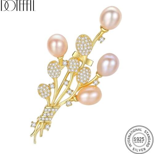 DOTEFFIL 925 Sterling Silver AAA Zircon Pearl Flowers Gold Brooch For Woman Fashion Wedding Engagement Party Charm Jewelry