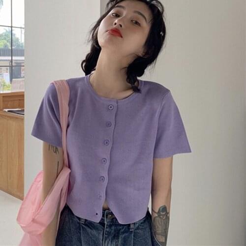 Fashion New O-neck Button Short Section Exposed Navel Knitted Short-sleeved T-shirt Cardigan 2020
